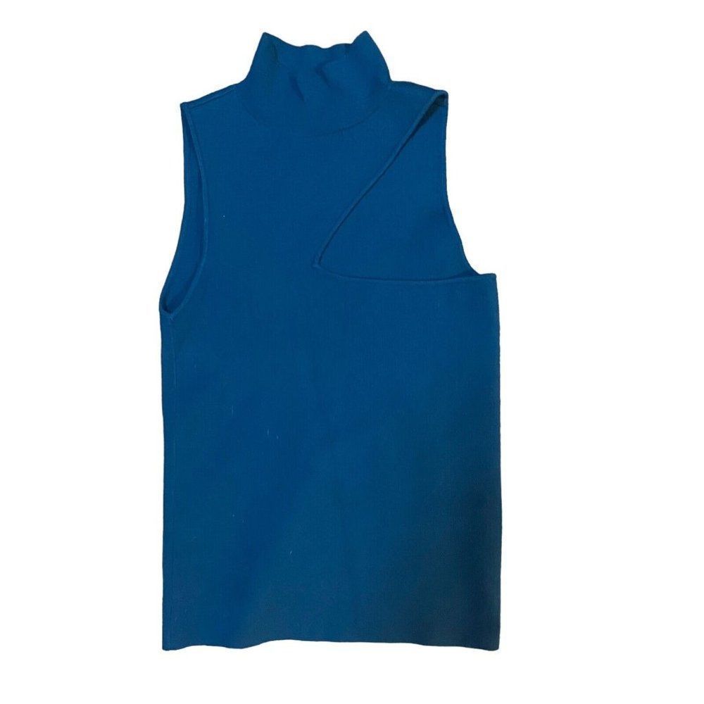 ALICE & OLIVIA WOMENS KIKI CUT OUT STRETCH KNIT TURTLENECK TANK TOP TEAL LARGE